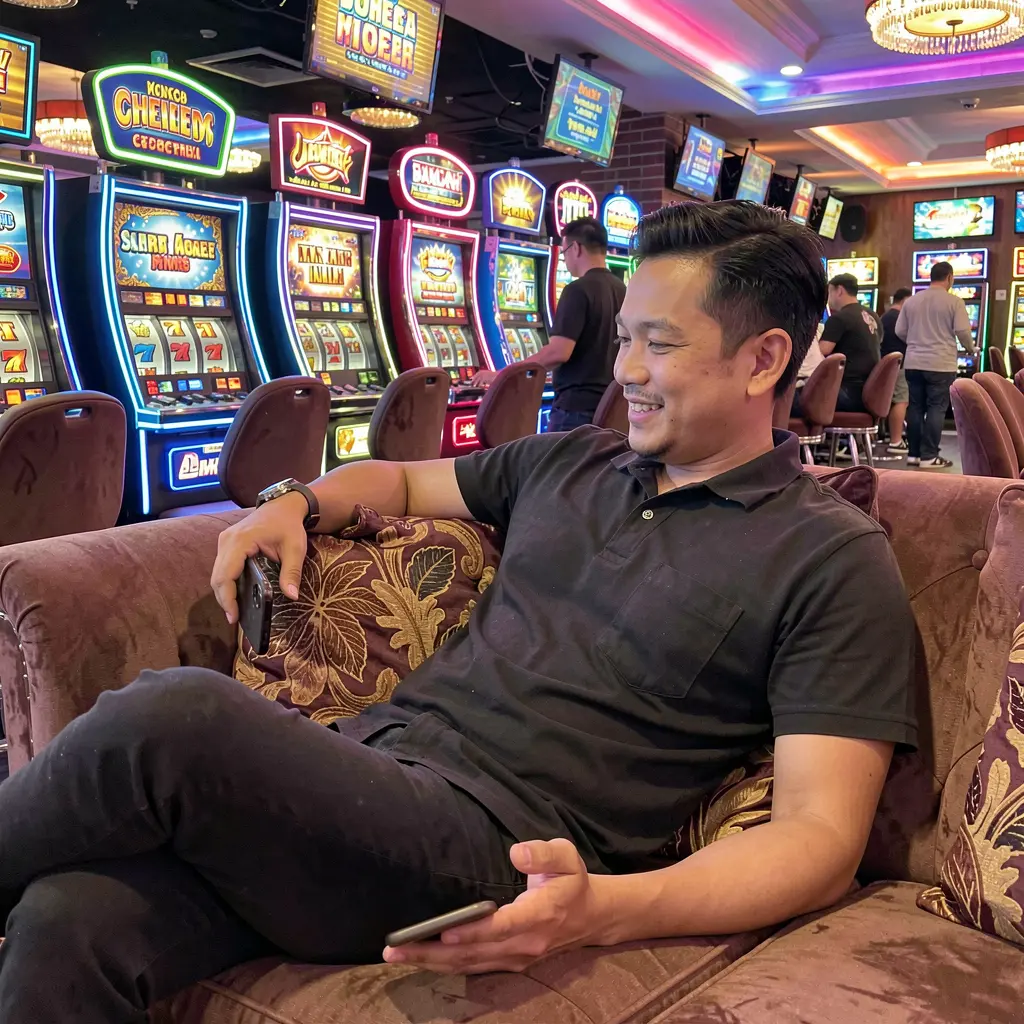 Relaxed Malaysian man using the YES82 casino app on his phone while lounging on a sofa with colorful slot machines and neon lights behind him
