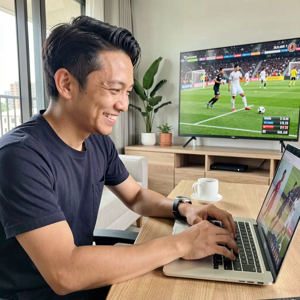Happy Malaysian sports bettor smiling while placing live football bets on a laptop at home using YES82 with TV showing a match