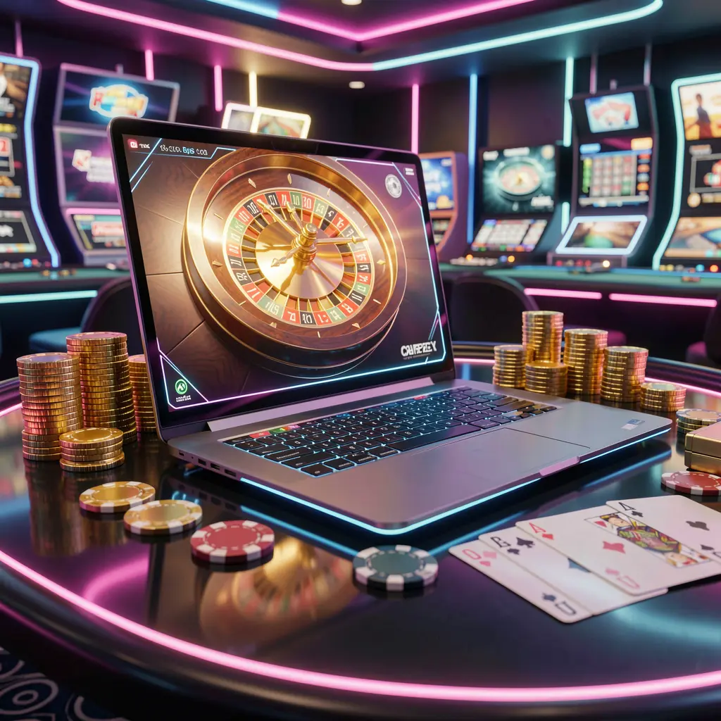 Modern laptop displaying a colorful roulette game surrounded by casino chips and glowing coins showcasing the premium online casino experience at YES82 for players in Malaysia