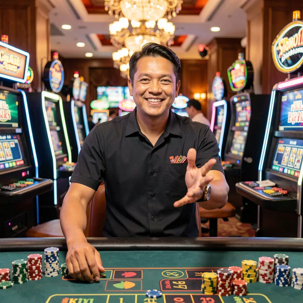 Confident casino host welcoming players to the YES82 platform with glowing chips and vibrant lights symbolizing premium online gaming in Malaysia